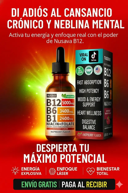 Complejo B Líquido Vegano – B12, B6, B1, Niacina y Folato + ENVIO GRATIS 🎁
