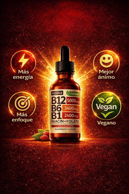 Complejo B Líquido Vegano – B12, B6, B1, Niacina y Folato + ENVIO GRATIS 🎁